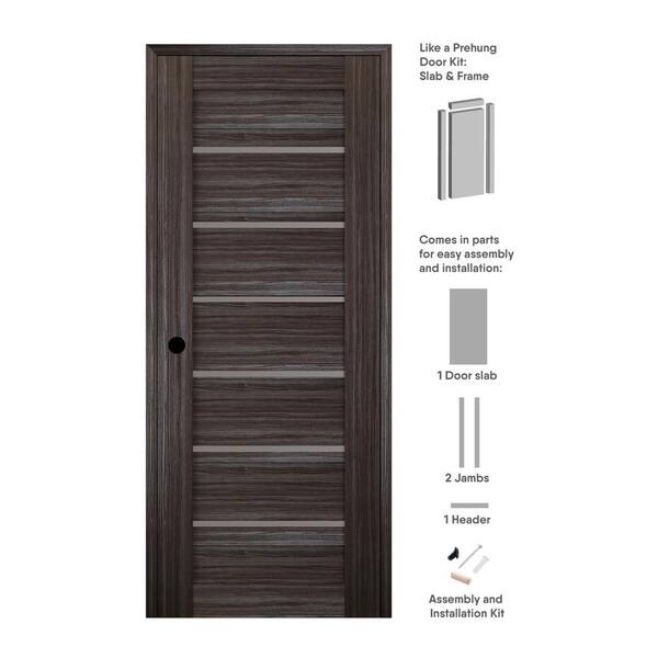 Belldinni Alba 24 in. x 80 in. Right-Hand 6-Lite Frosted Glass Solid Core Gray Oak Wood Composite Single Prehung Interior Door