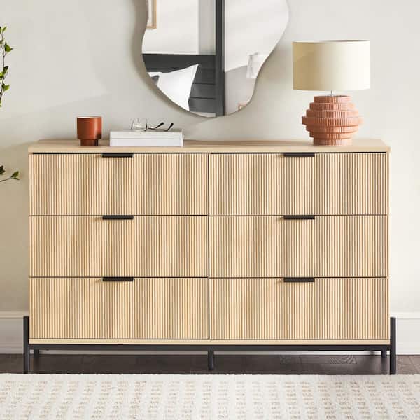 Welwick Designs Mid-Century Modern Coastal Oak 6-Drawer 56 in. W Dresser with Reeded Front