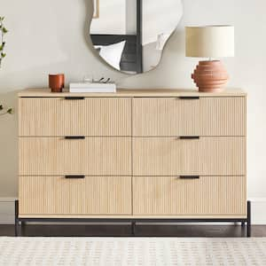 Mid-Century Modern Coastal Oak 6-Drawer 56 in. W Dresser with Reeded Front