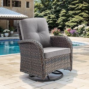 Brown Wicker Outdoor Rocking Chair, Patio Swivel Rocking Chair with Gray Cushions for Porch or Balcony (1-Pack)