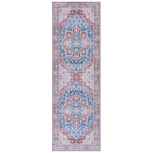 Tuscon Blue/Red 3 ft. x 8 ft. Machine Washable Distressed Medallion Runner Rug