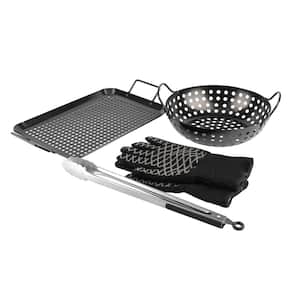 Grill Topper BBQ Grilling Matte Black Pan and Tray 5-Pcs Set for Indoor/Outdoor Cooking w/Tongs & Heat Resistant Gloves