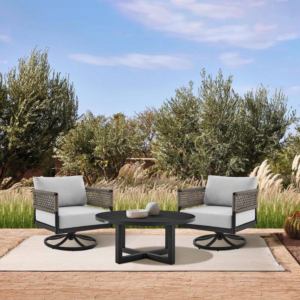 Felicia and Argiope Black Aluminum 3-Piece Patio Set with Grey Rope and Cushions