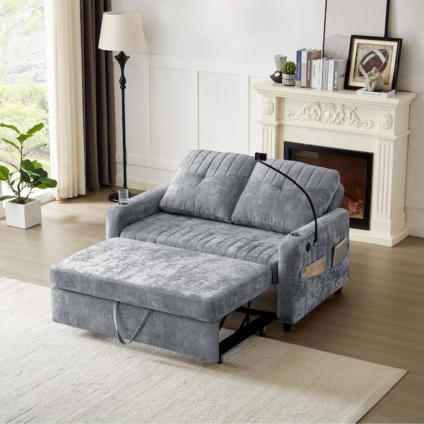 53.9 in. Gray Chenille Twin Size Sofa Bed Convertible Loveseat with Adjustable Backrest, Charging Ports, Side Pockets