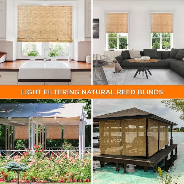 Cord Free Natural Light-Filtering Bamboo Reed Roman Shades Manual Roll-Up Window Blinds 60 in. W x 72 in. L