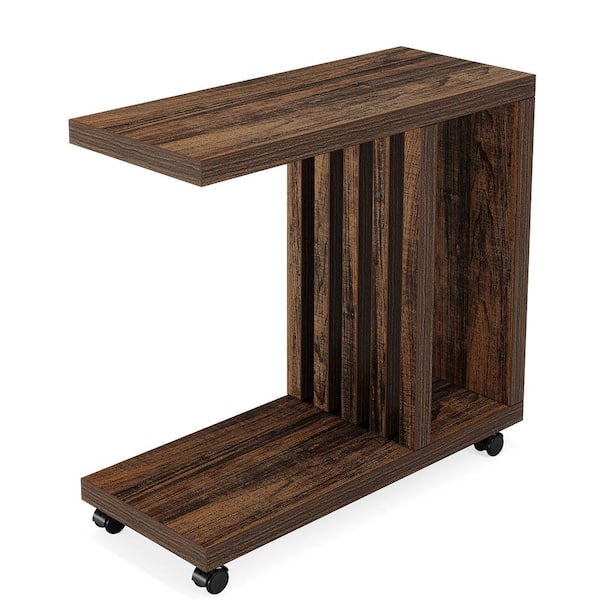 BYBLIGHT Kerlin 23.6 in. Brown Rectangle Wood End Table with Lockable Wheels, Wood Bedside Table for Living Room, Bedroom
