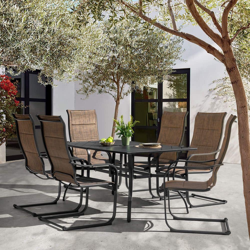 Black 7-Piece Metal and Textilene Rectangle Outdoor Dining Set with Umbrella Hole, C-Spring Motion Chairs price history on PriceWatchPro