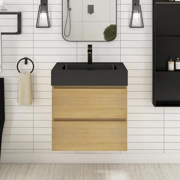 JimsMaison 24 in. W x 18.1 in. D x 25.2 in. H Single Sink Wall Mounted Bath Vanity in Light Oak with Black Solid Surface Top