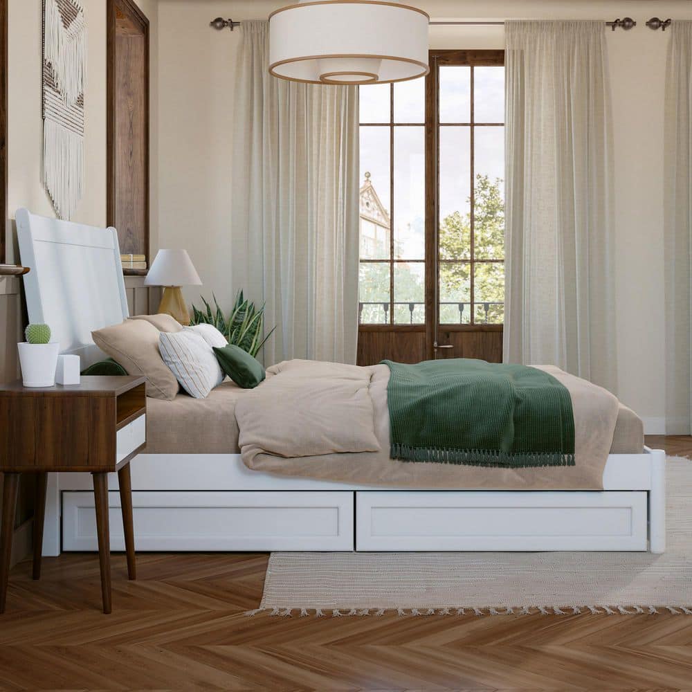 Casanova White Full Wood Platform Bed with Storage Drawers