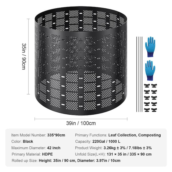 220 Gallon Outdoor Compost Bin, Expandable Composter, Easy to Setup & Large Capacity for Backyard, Lawn (Black with Gloves)