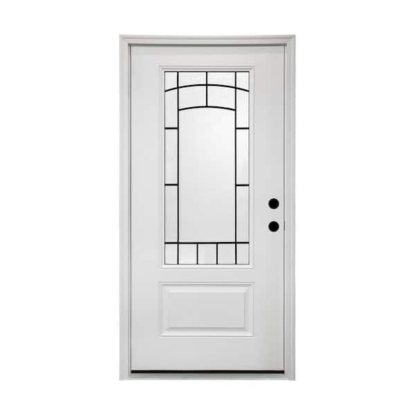 36 in. x 80 in. 1-Lite Right-Hand/Inswing Frosted Glass White Fiberglass Prehung Front Door with Threshold, Hinges