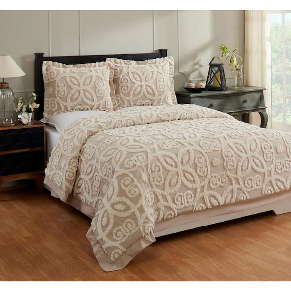 Better Trends Eden Comforter 2-Piece Floral Design Linen & Ivory Twin 100% Cotton Tufted Chenille Comforter Set