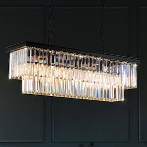 40 in. Modern Crystal Chandelier 7-Light Black Rectangle 2-Tier Island Pendant Lighting For Dining Room