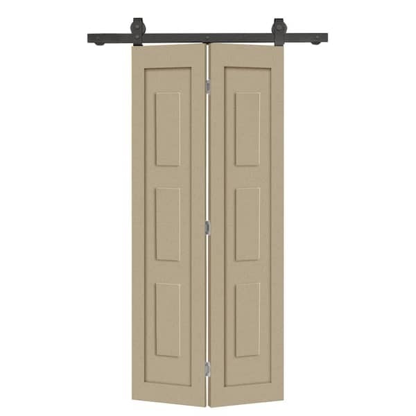38 in. x 80 in. 3 Panel Shaker Hollow Core Unfinished Composite Bi-fold Door with Sliding Barn Door Hardware Kit