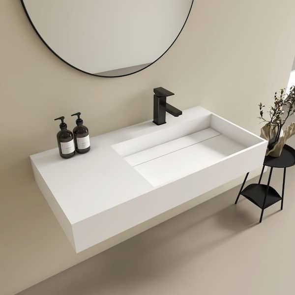 36 x 18 in. Solid Surface Wall Mount Bathroom Right Vessel Sink with Faucet Hole and Drain Cover