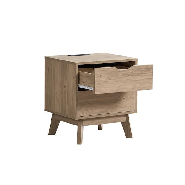 Unbranded 21.2 in. H Oak Wood Rectangle Outdoor Side Table with BUSB and Type-C for Living Room and Bedroom