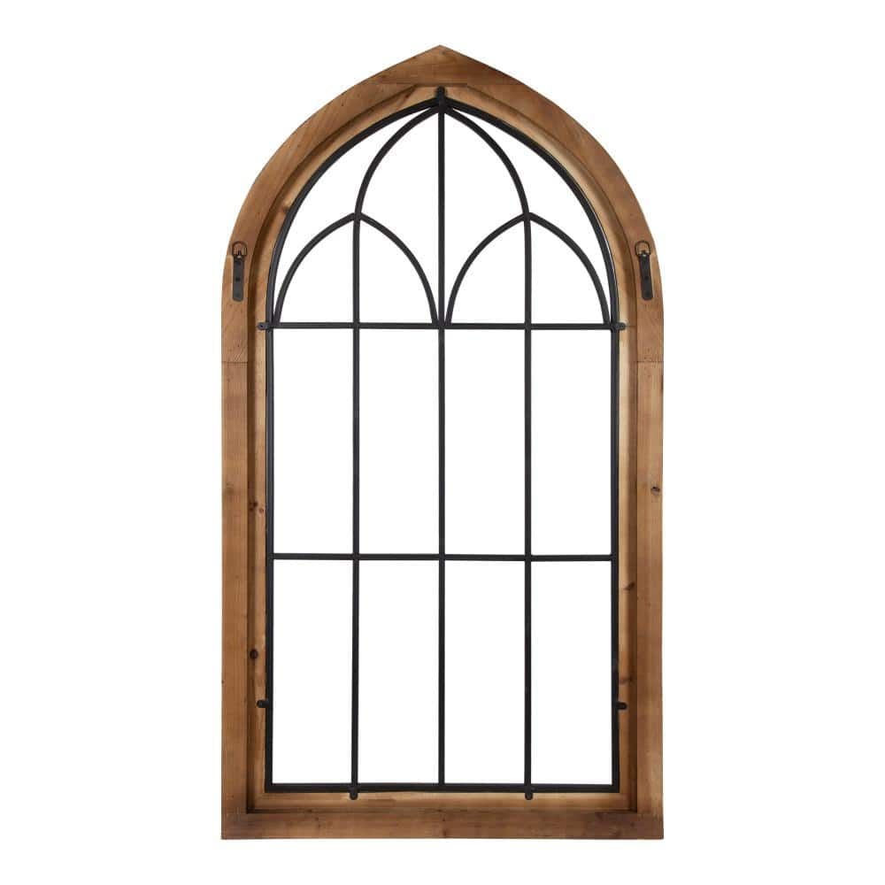 Rustic Brown Wood and Metal Arched Window Pane Wall Decor