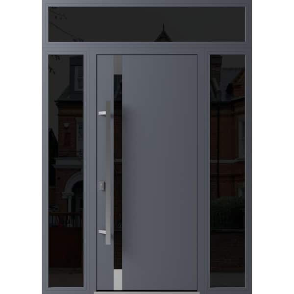 VDOMDOORS 1011 68 in. x 96 in. Right-hand/Inswing 3 Sidelight Tinted Glass Grey Steel Prehung Front Door with Hardware