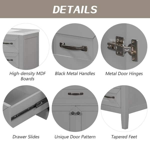 36 in. Freestanding Gray Bath Vanity Cabinet Solid Frame Bathroom Cabinet with White Ceramic Basin Top and 3-Drawer