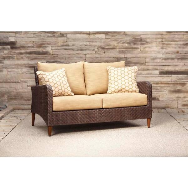 Brown Jordan Marquis Patio Loveseat with Toffee Cushions and Tessa Barley Throw Pillows -- STOCK