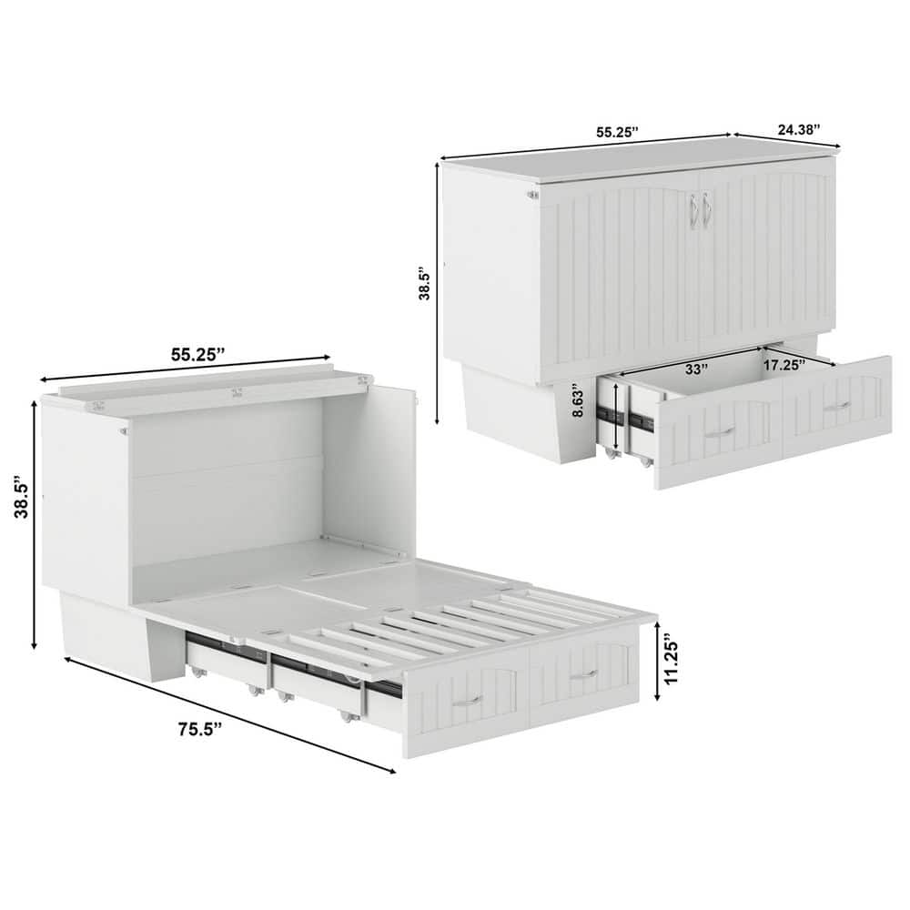 Marina White Full Murphy Bed Chest with Storage and Charger