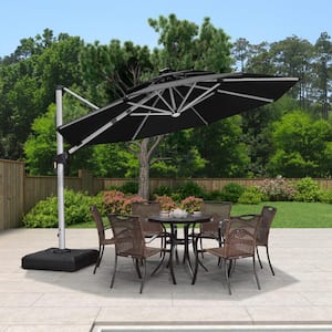 11 ft. Octagon Aluminum Solar Powered LED Patio Cantilever Offset Umbrella with Wheels Base, Black