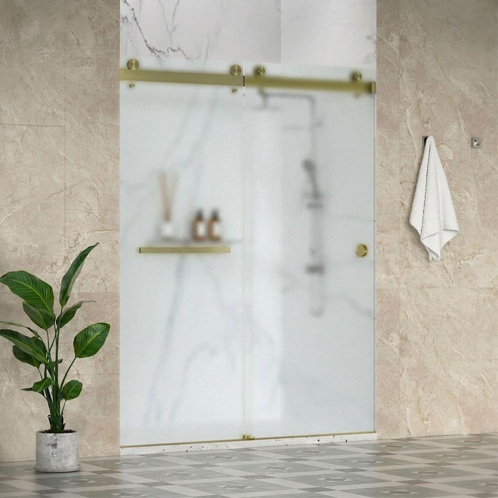 SolaAE-FP 68-72 in. W x 76 in. H Double Sliding Frameless Shower Door in Brushed Gold, 3/8 in. Obscure Glass, Left price history on PriceWatchPro