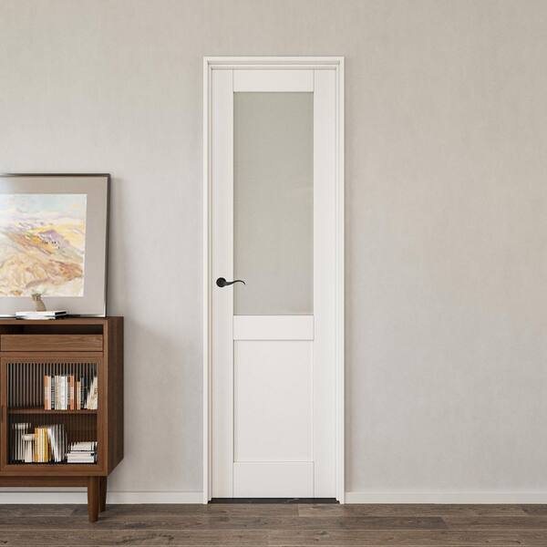 28 in. x 80 in. 1/2-Lite Frosted Glass Right White Solid Core Glass Interior Door Kit w/Quick Assemble Jamb, Weatherseal