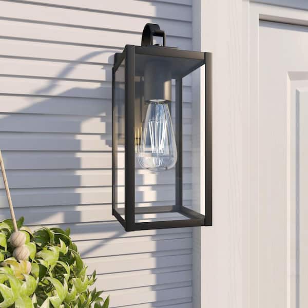 14 in Modern Matte Black Hardwired Outdoor Wall Lantern Sconce with Clear Glass, No Bulbs Included