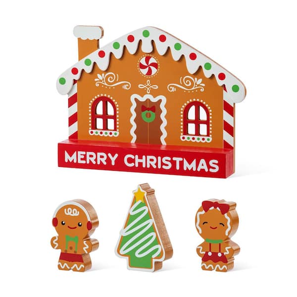8.5 in. H Wooden Christmas Gingerbread House Table Decor (Set of 4)