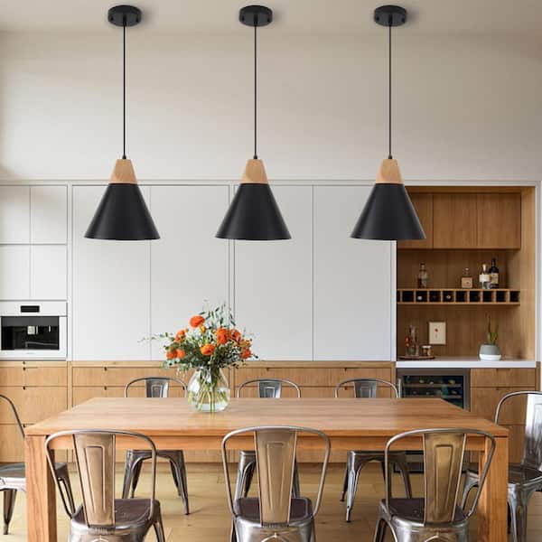 1-Light Black Modern Industrial Metal Cone Shade Hanging Pendant Light with No Bulbs Included
