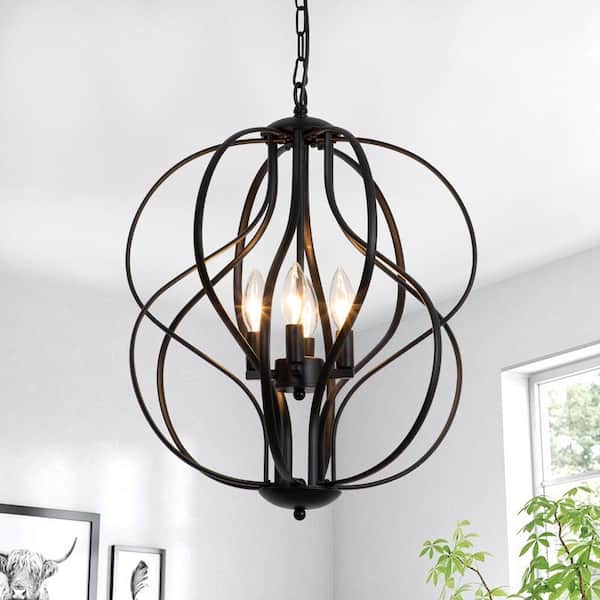 Frankfort 4-Light Black Unique Geometric Cage Chandelier Wrought Iron Accents