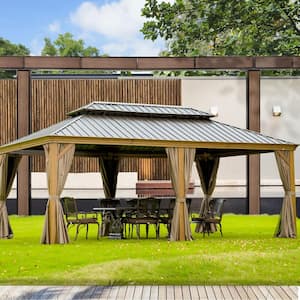12 ft. x 18 ft. Wood Grain Aluminum Double Galvanized Steel Roof Gazebo with Ceiling Hook, Mosquito Netting and Curtains