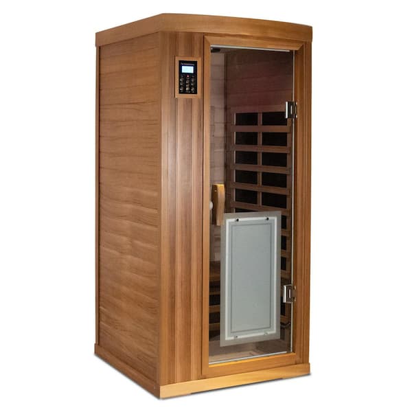Deluxe Red Cedar 1-Person Far Infrared Sauna with 8 Heating Panels, LCD Touch Control, Bluetooth Audio, and LED Lighting