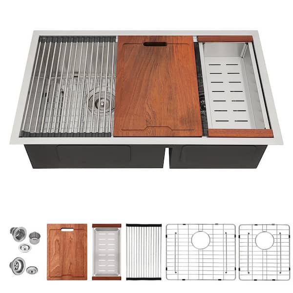 Logmey 30 in. Undermount Double Bowl 60/40 16-Gauge Brushed Stainless Steel Workstation Sink with Low Divide Design
