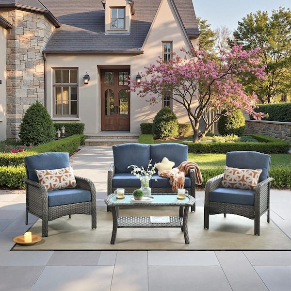 Missisi Gray 4-Piece Wicker Patio Conversation Seating Set with Denim Blue Cushions and Coffee Table