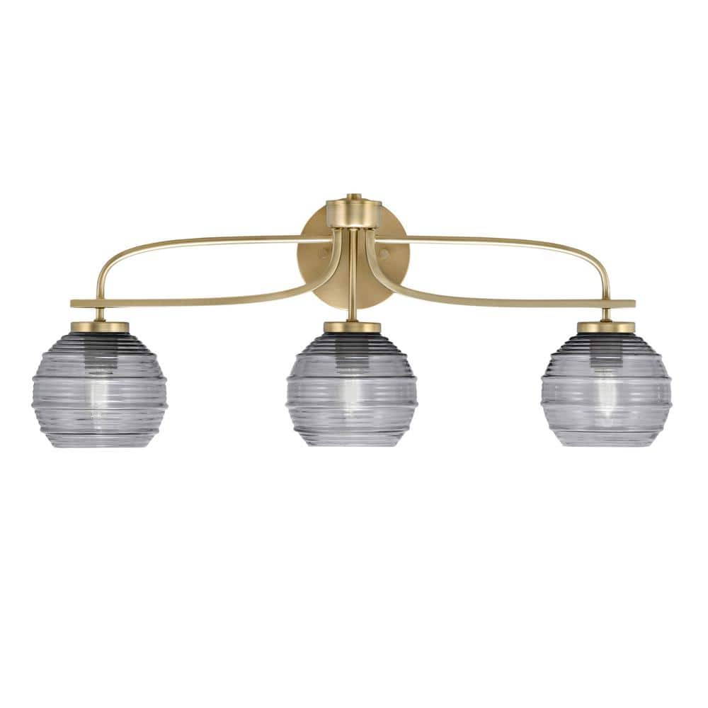 Olympia 27.25 in. 3-Light New Age Brass Vanity Light Smoke Ribbed Glass Sha