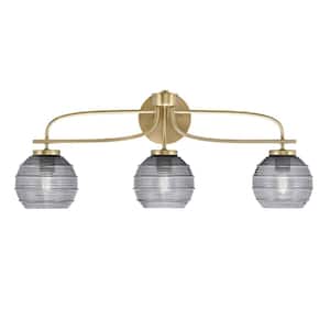 Olympia 27.25 in. 3-Light New Age Brass Vanity Light Smoke Ribbed Glass Shade