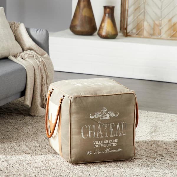 Litton Lane 17 in. Gray Canvas with Leather Handles Pouf
