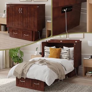 Sydney Twin Walnut Solid Wood Murphy Bed Chest with Storage Drawer and Charging Station