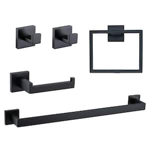 5-Piece Bathroom Hardware Set with Towel Bar, Towel Ring, Robe Hook, Toilet Paper Holder in Matte Black