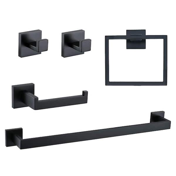 5-Piece Bathroom Hardware Set with Towel Bar, Towel Ring, Robe Hook, Toilet Paper Holder in Matte Black