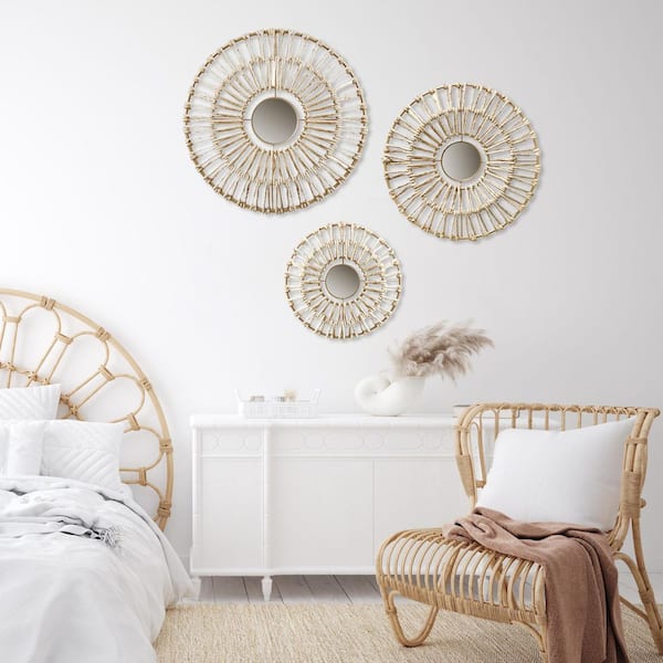 TUKTUK Bulda 3 Piece Round Natural Fiber And Mirror in Beige Wall Decor Set Dimension 20.5 in. x 0.8 in.