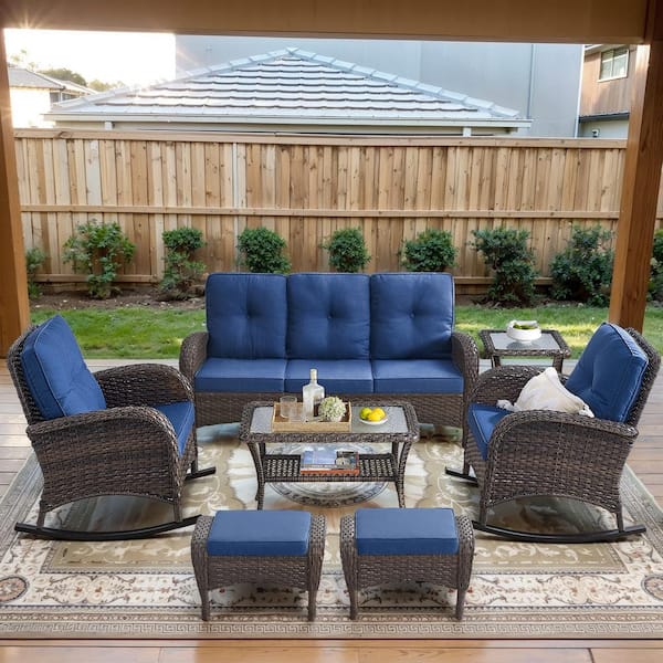 Brown 7-Piece Wicker Patio Conversation Set with Rocking Chairs, Outdoor Sofa Seating Set with Olefin Navy Blue Cushions