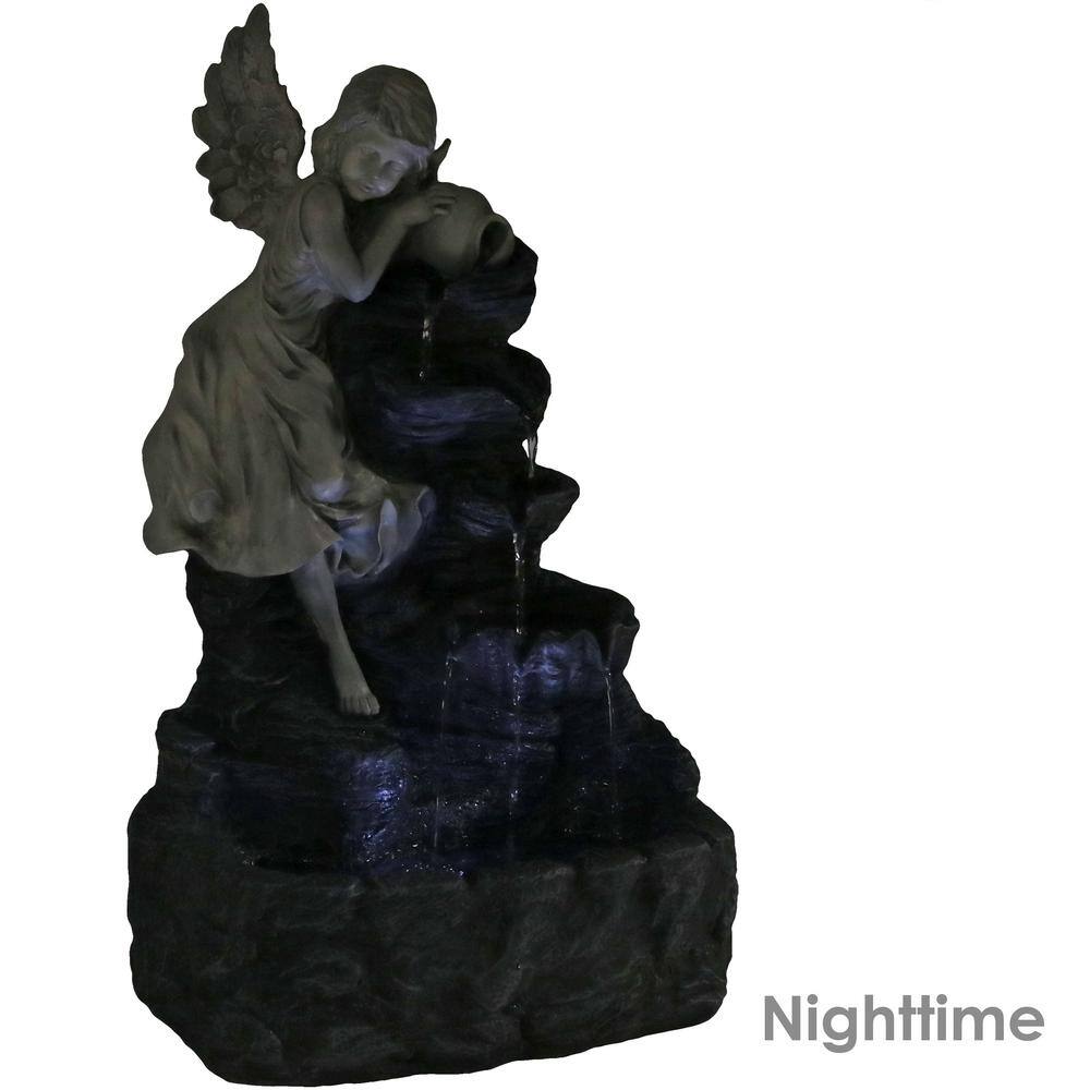 Angel Falls Gray Polyresin Solar Water Fountain with LED Light