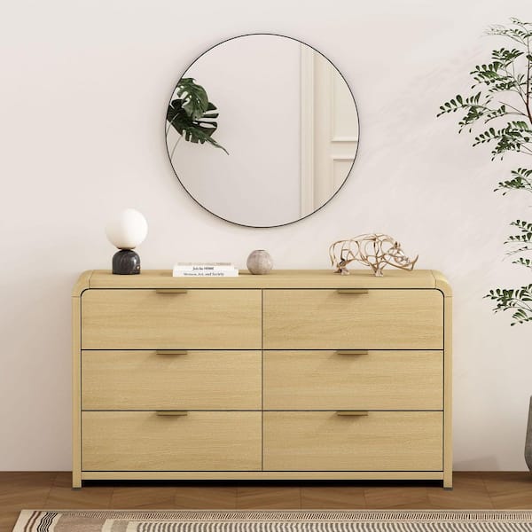 Manhattan Comfort Grace Modern Natural Oak 6-Drawer 60 in. Double Dresser with Gold Handles