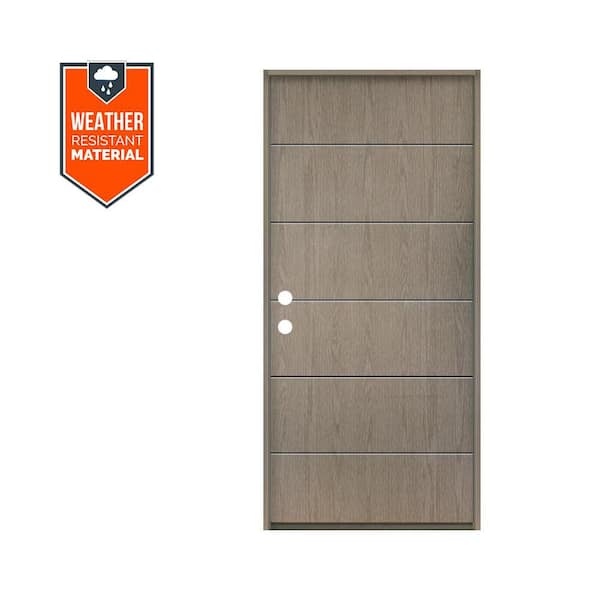 TETON Modern 36 in. x 79 in. Right-Hand/Inswing 6-Grid Solid Panel Oiled Leather Stain Fiberglass Prehung Front Door