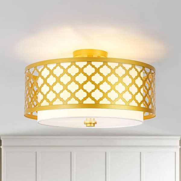 Shauna 17.7 in. 3-light Modern Gold Cylinder Drum Fabric Semi-Flush Mount Light