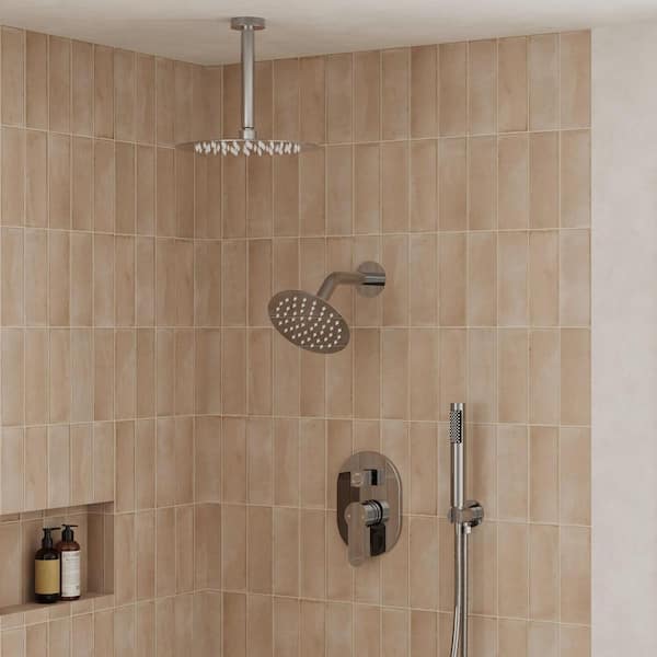 YAWWALK Rainspire Double Handles 3-Spray 10 in. and 6 in. Ceiling Mount Shower Faucet with Anti Scald 1.8 GPM in Brushed Chrome