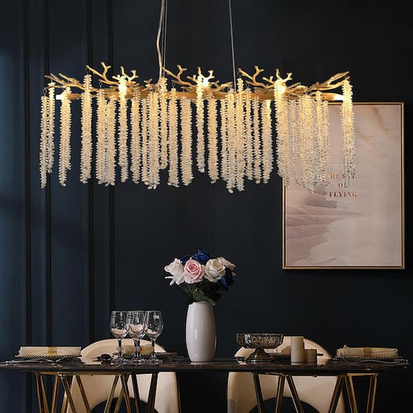 39 in. W 8-light Gold Chandelier with Cascading Crystal Strands for Living Room, Dining Room
